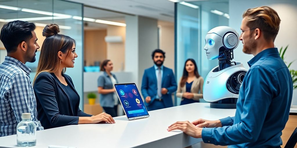 Modern AI receptionist engaging with diverse clients in office.