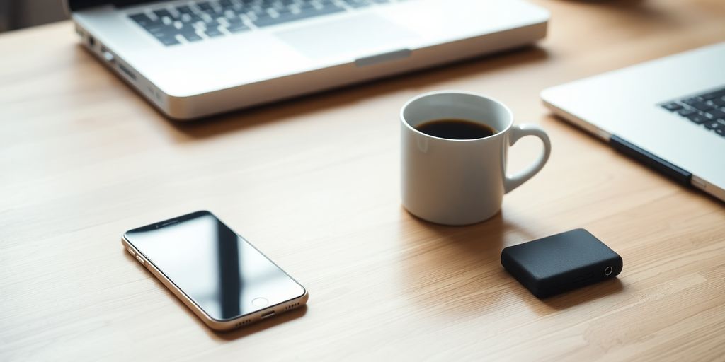 Smartphone and laptop on a wooden desk with coffee.