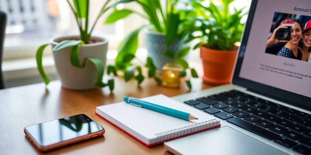 Smartphone and laptop on a desk with plants.