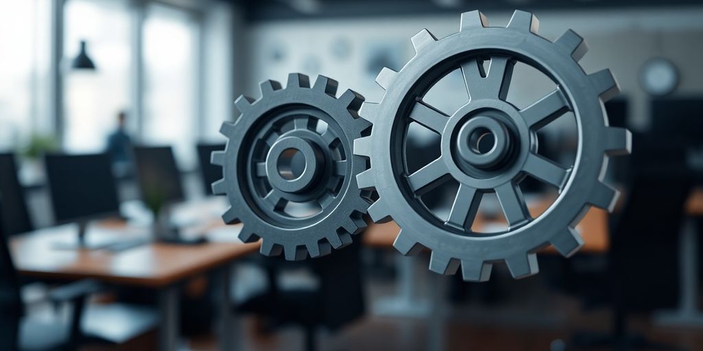 Interconnected gears representing collaboration and progression.