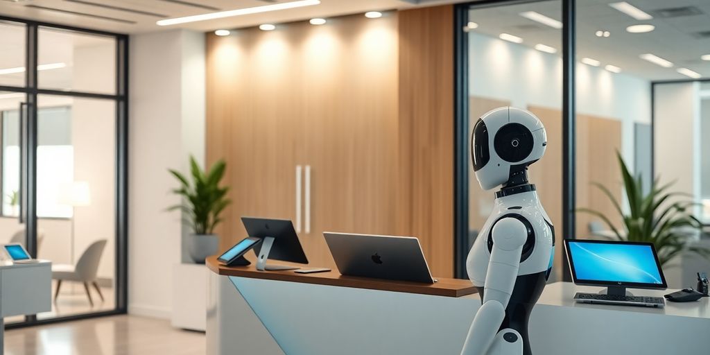 Sleek AI receptionist in a modern office environment.