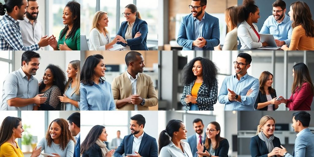 Diverse individuals collaborating in a professional environment.