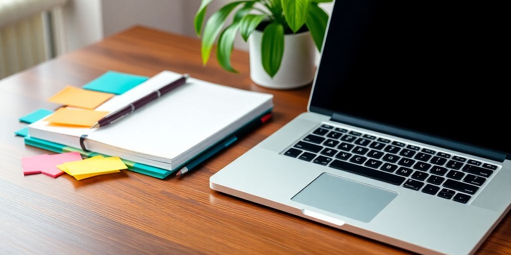 Workspace with laptop, planner, sticky notes, and plant.