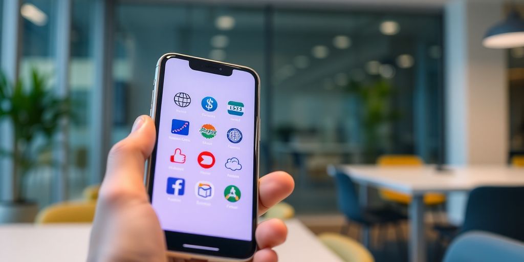 Smartphone with payment icons in a modern office.