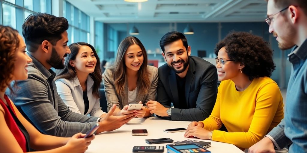 Group of professionals discussing payment methods in an office.