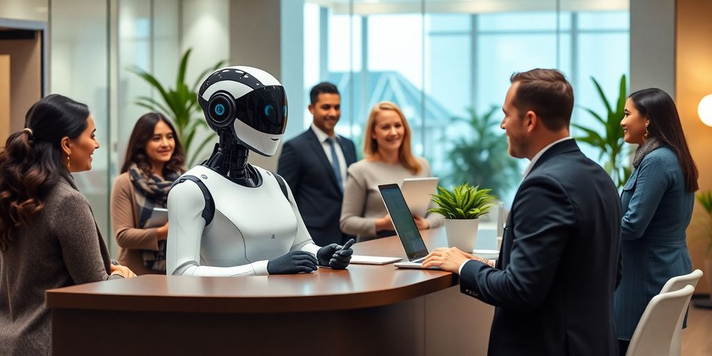 Modern AI receptionist assisting diverse clients in an office.