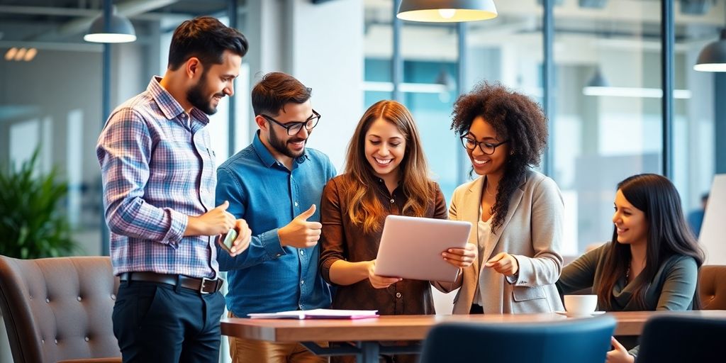 Diverse team collaborating in a modern office setting.