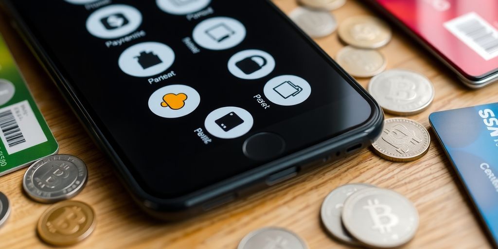 Smartphone with payment icons and coins on a table.