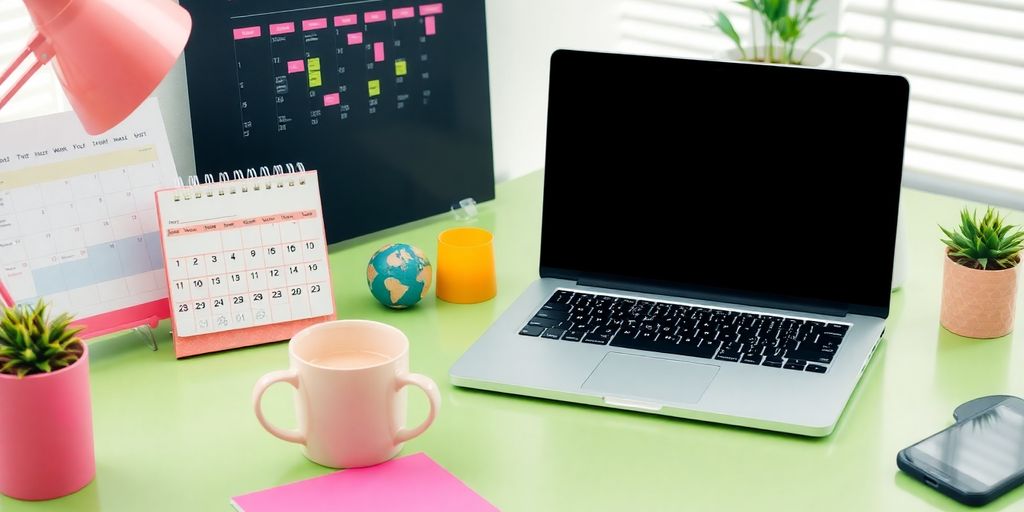 Workspace with laptop, calendar, and coffee cup.