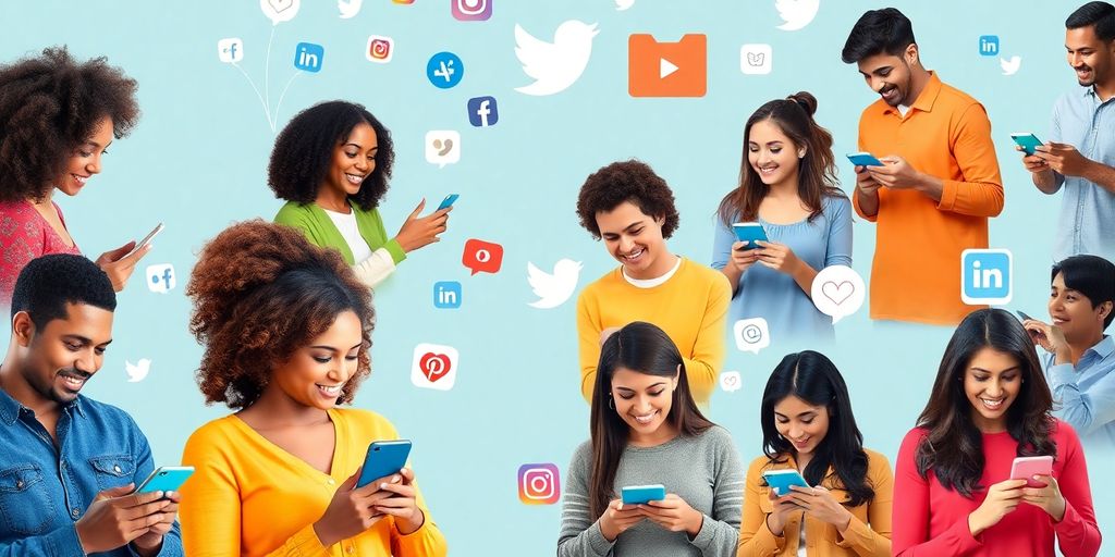 Diverse people using smartphones with social media icons.