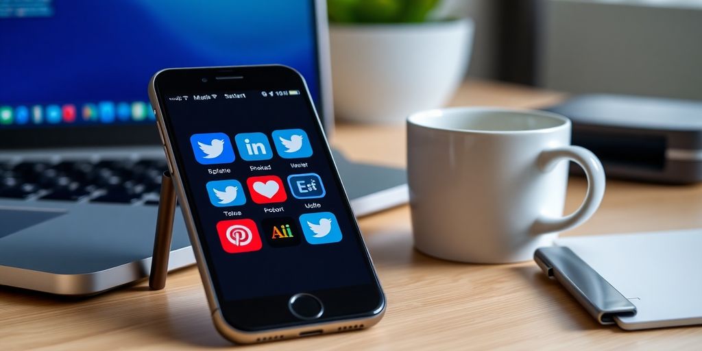 Smartphone with social media icons in an office setting.