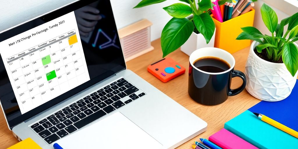 Colorful workspace with calendar, laptop, and coffee cup.