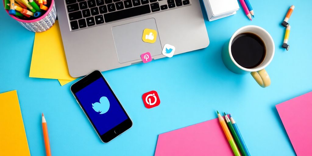Smartphone and laptop with social media icons on desk.