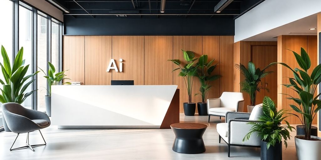 Modern reception area with AI receptionist and plants.