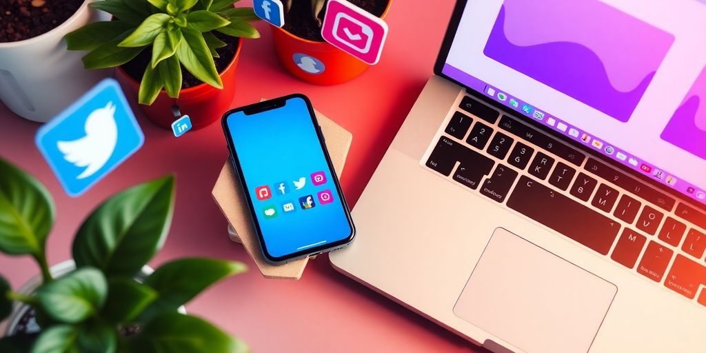 Smartphone and laptop in a bright workspace with plants.