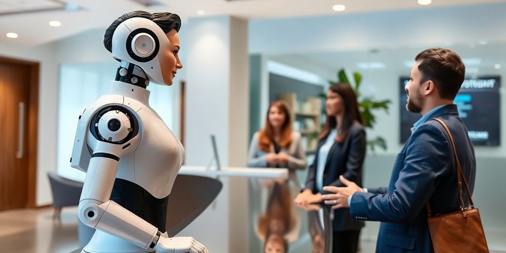 Modern AI receptionist in a professional office setting.