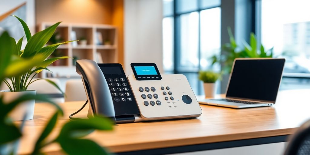 AI phone receptionist in a modern office environment.