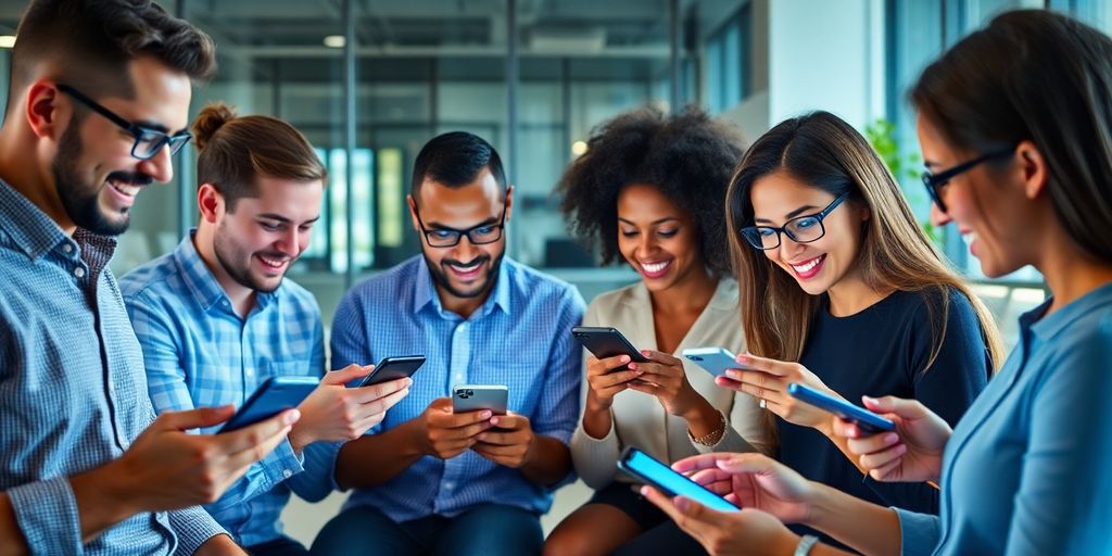 People using devices for flexible payment methods in an office.