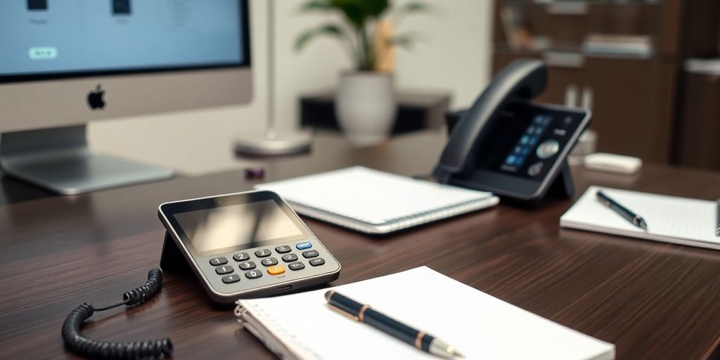 Modern office with phone and computer setup.