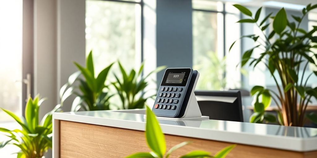 AI phone receptionist in a bright office environment.