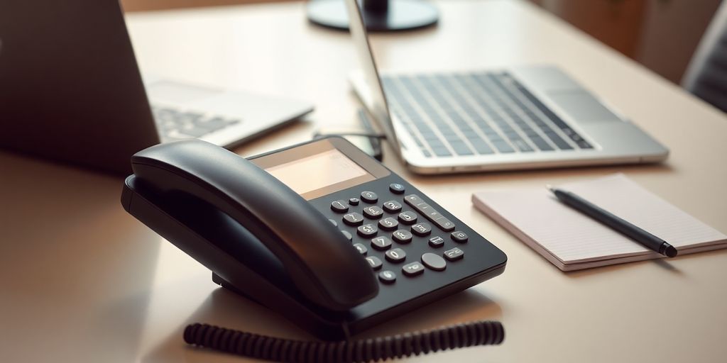 Modern phone on a desk with laptop and notepad.