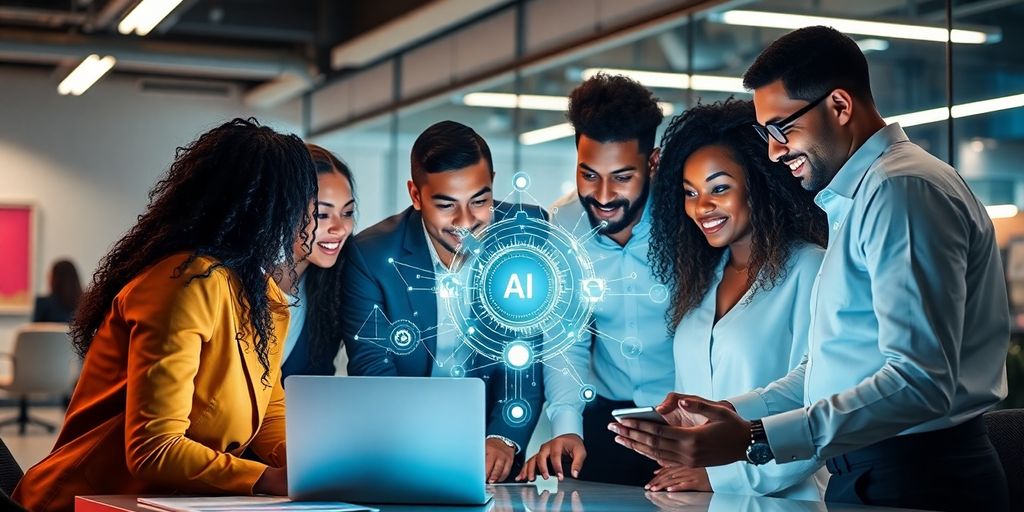 Group of professionals discussing AI technology around a laptop.