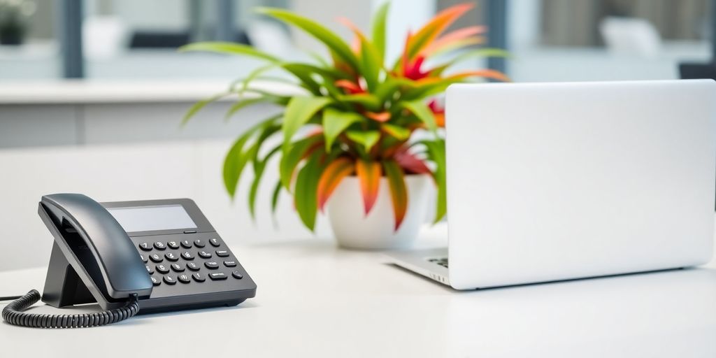 Modern office with phone, laptop, and plant.
