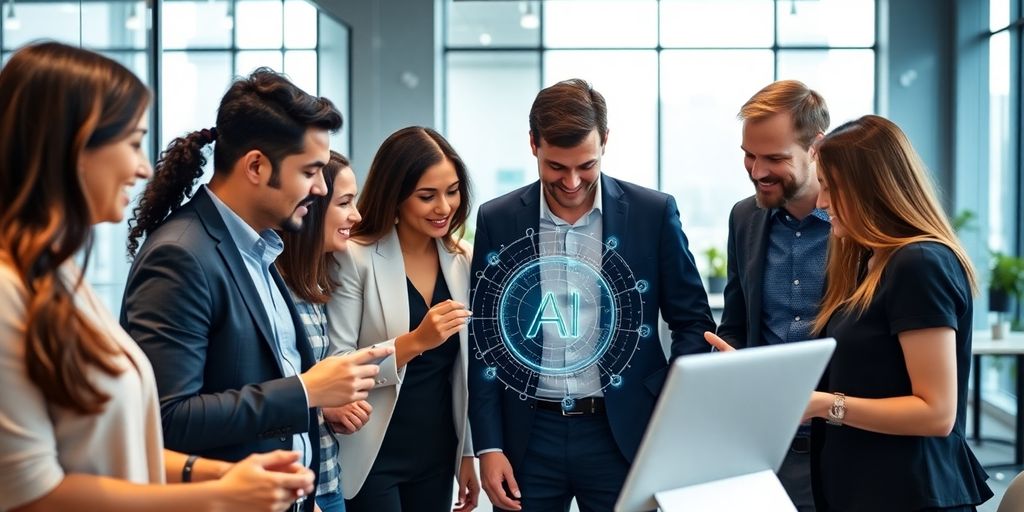 Group of professionals discussing AI technology in an office.