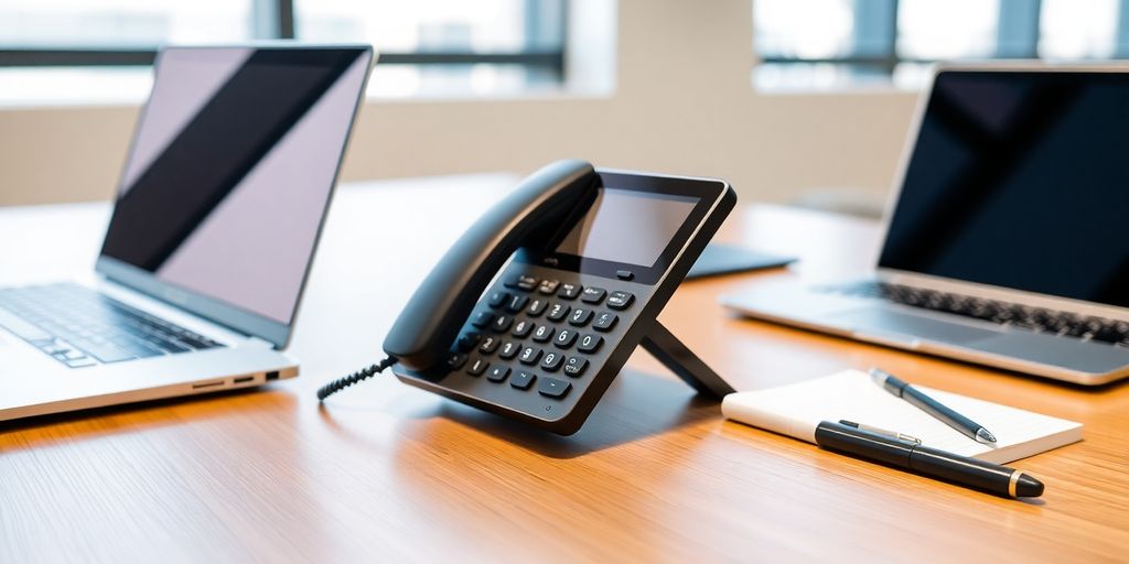 Modern office with phone, laptop, and notepad.