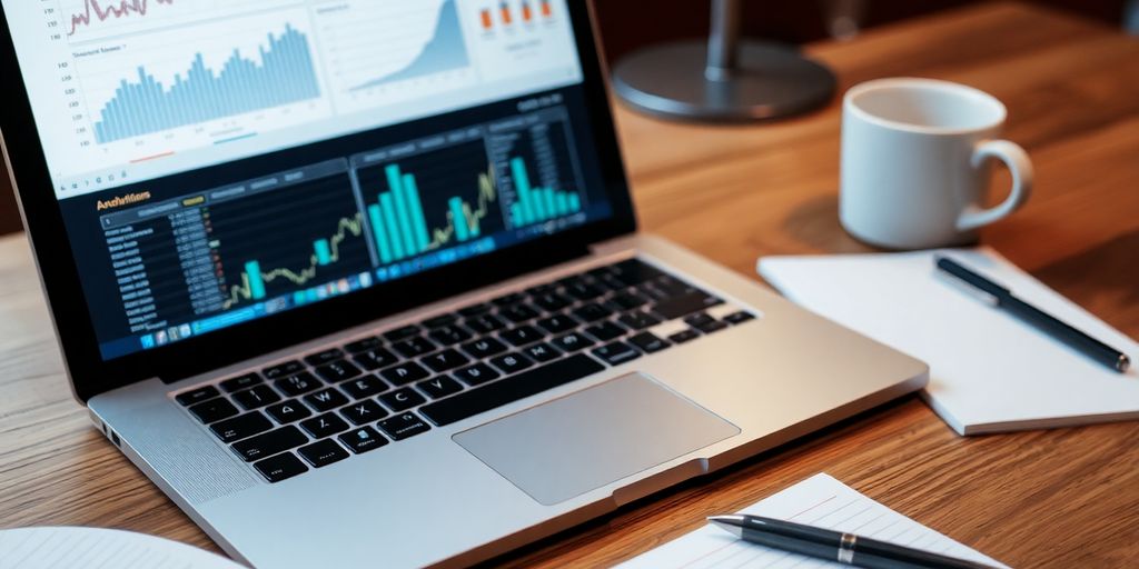 Laptop with data analytics on screen, coffee cup nearby.