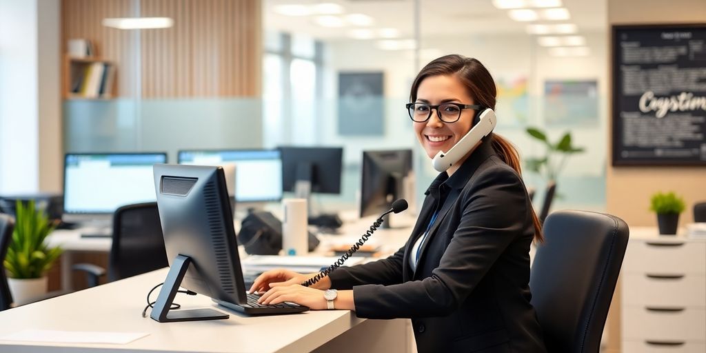 Phone receptionist assisting clients in a modern office.