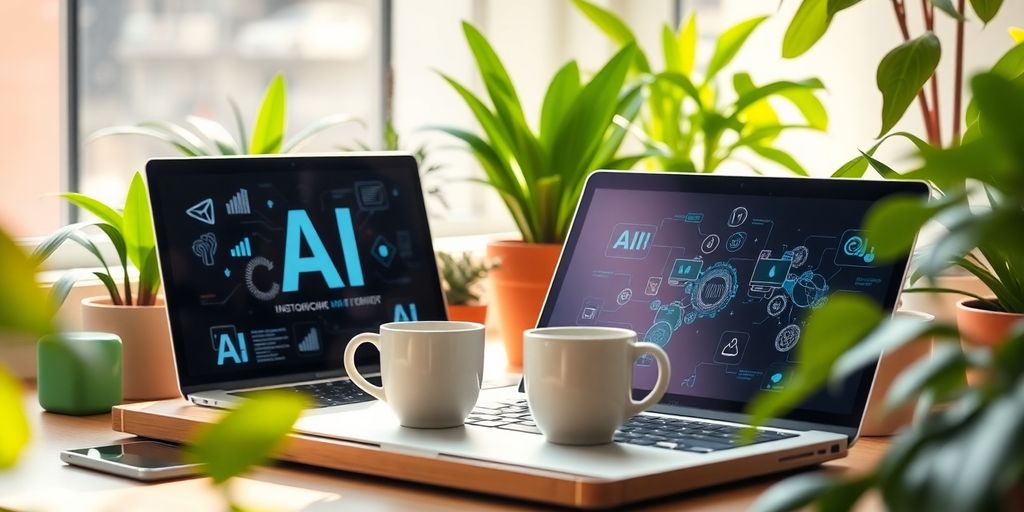 A workspace with a laptop and coffee cup.