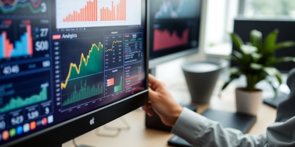 Person analyzing data on a computer screen in an office.