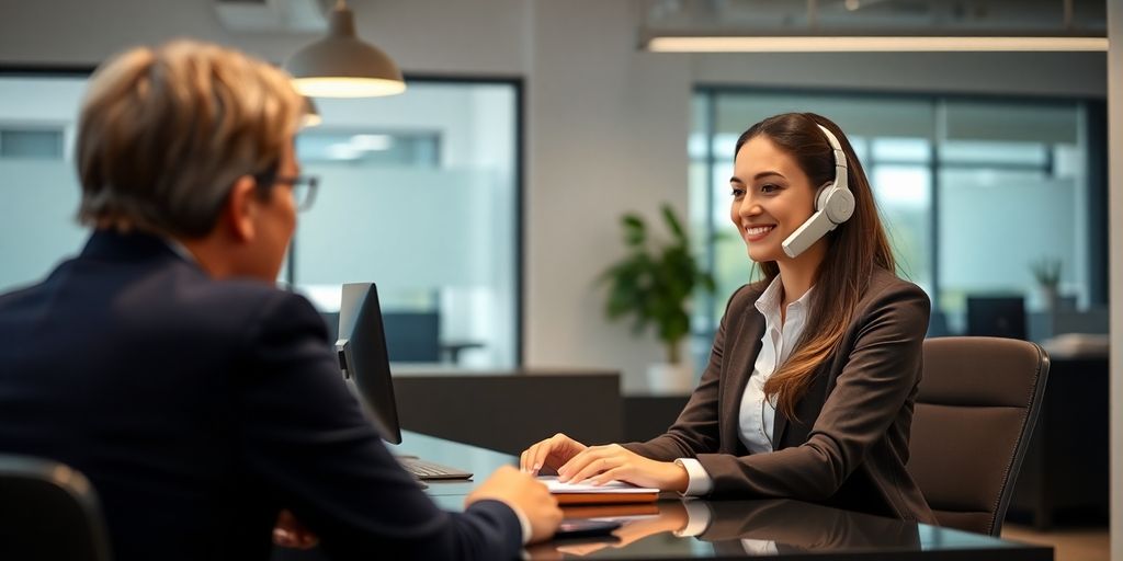 Phone receptionist assisting a client in a modern office.