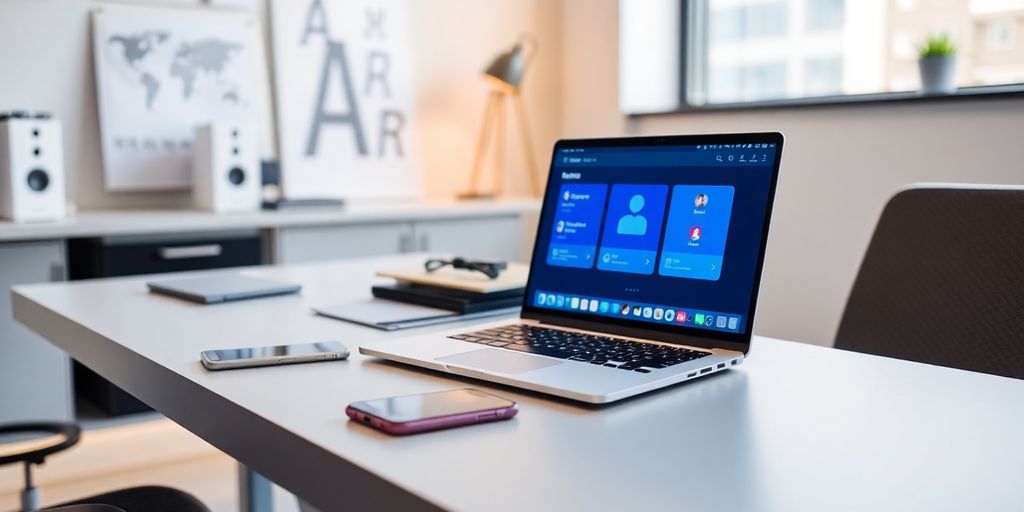 Modern office with smartphone and laptop setup.