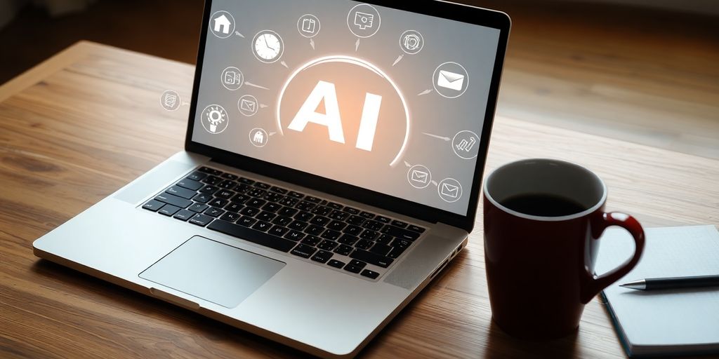 Laptop with AI icons on a wooden desk.