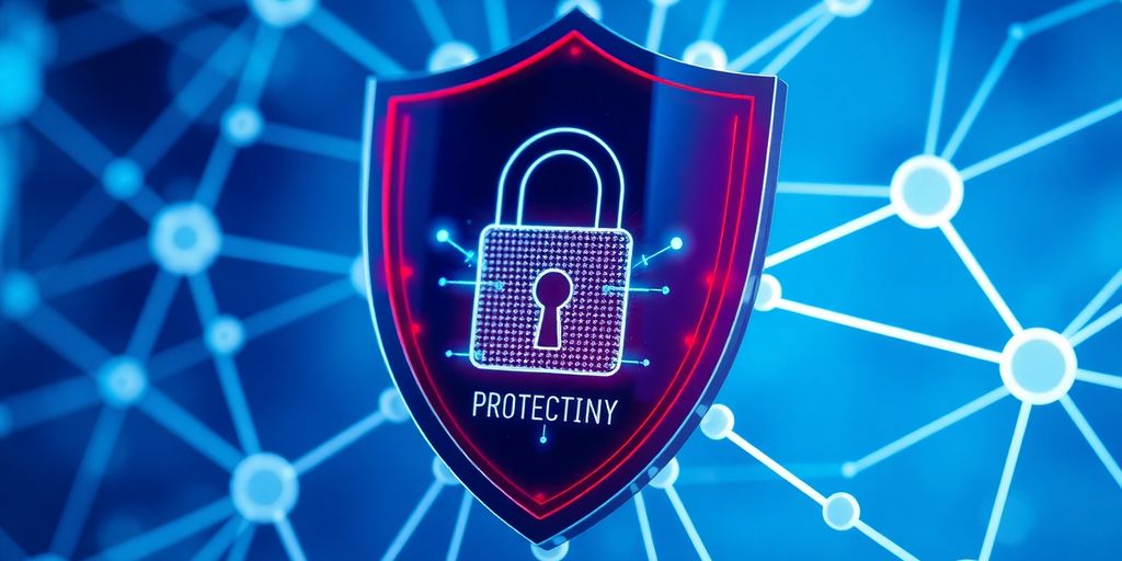 Security shield with digital lock and interconnected nodes.