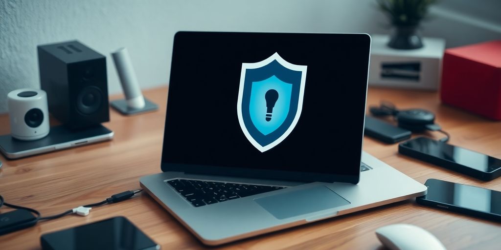 Laptop with digital privacy shield on a desk.