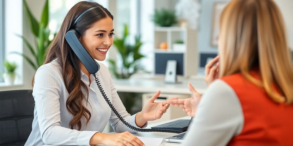 Phone receptionist assisting a client in a modern office.