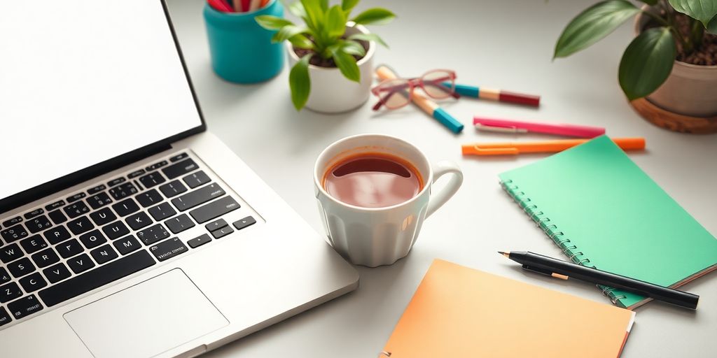 A workspace with a laptop, coffee cup, and notepad.