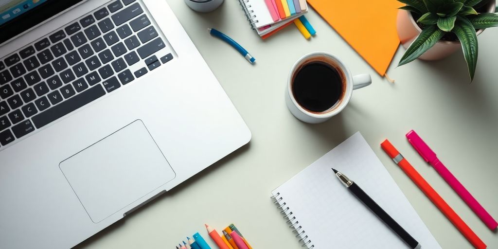 Vibrant workspace with laptop, coffee, and stationery.