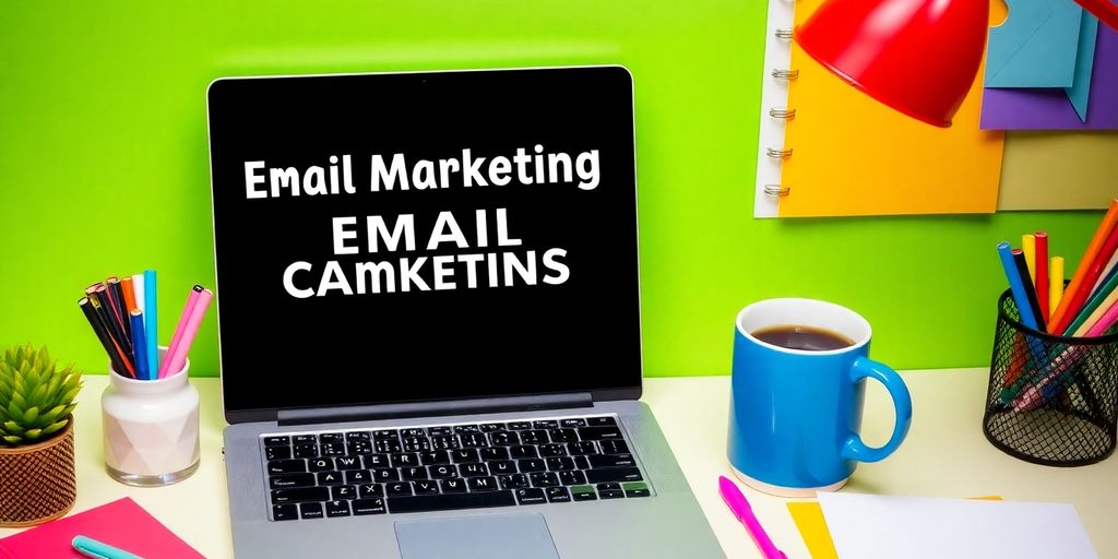 Workspace with laptop, coffee, and colorful stationery.