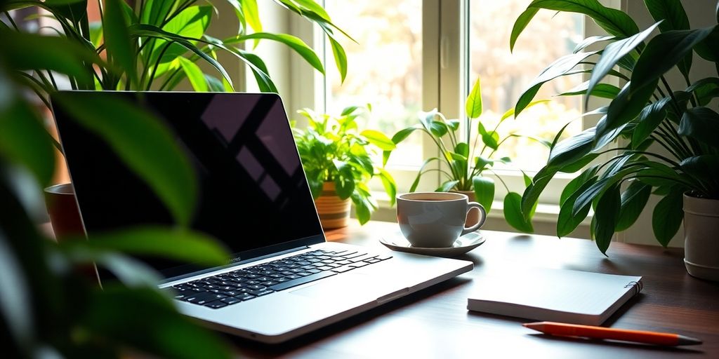 A workspace with a laptop and coffee cup.