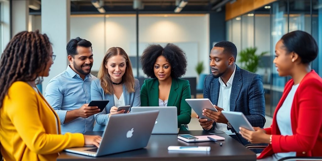 Group of professionals collaborating in a modern office.