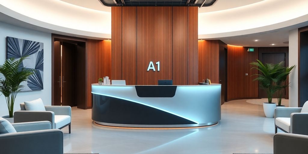 Modern AI receptionist in a professional office setting.