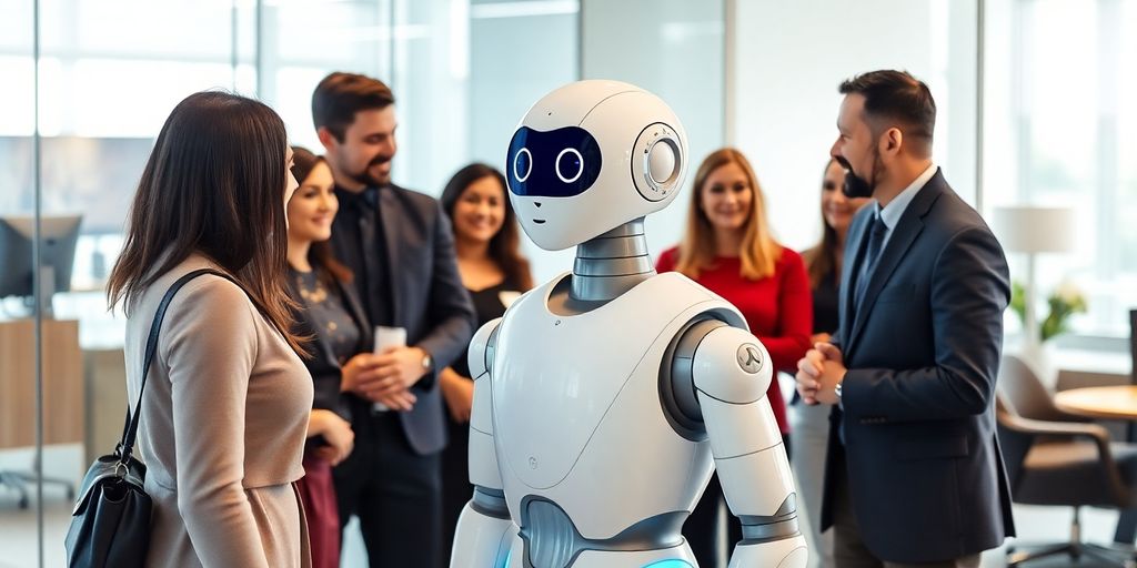 AI receptionist robot in a modern office environment.
