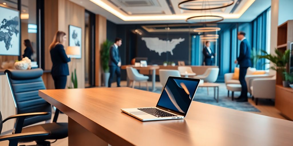 Modern office with a desk and laptop.
