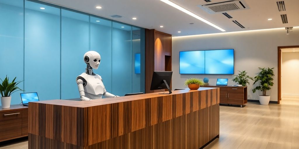 Modern office with AI receptionist and technology.