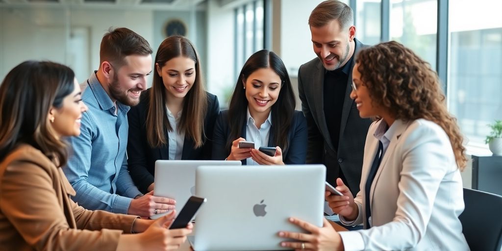 Diverse professionals collaborating in a modern office environment.