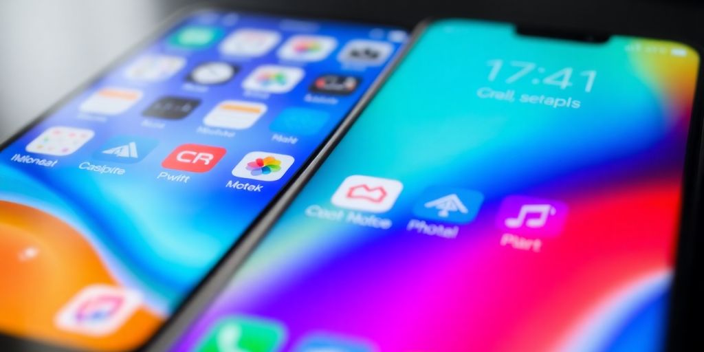 Two smartphones with different interfaces on a table.